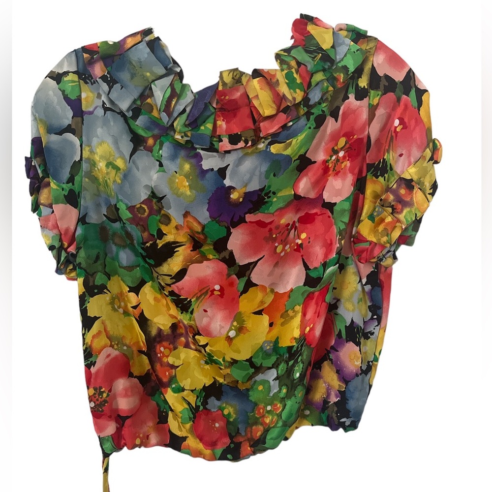 K O E L crop top draw string cinch. Ruffle sleeves and neck. Size S and M